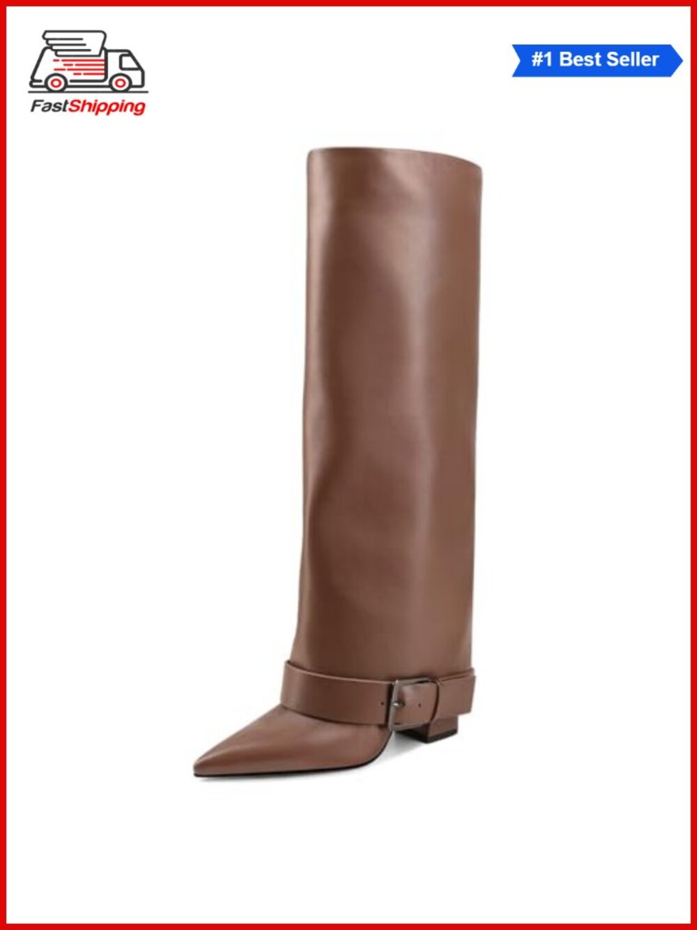 ✨ Knee High Boots Women Fold Over Chunky Heel Wide Calf Pointed Toe Belt Buckle